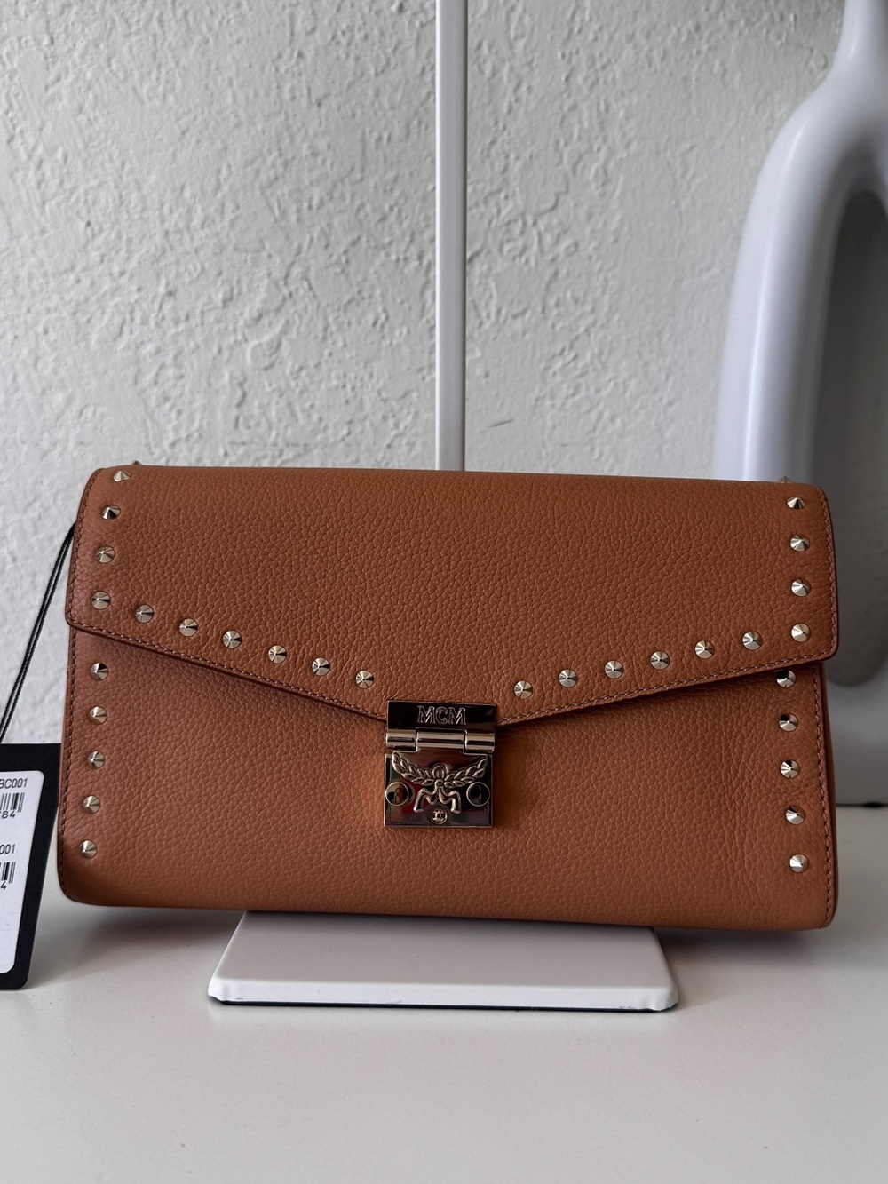 MCM Cognac Brown Leather Studded Crossbody Bag